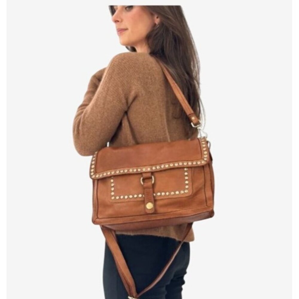 Emily Studded Shoulder Bag Cognac Leather Adjustable Straps & Brass Detailing - Picture 4 of 4